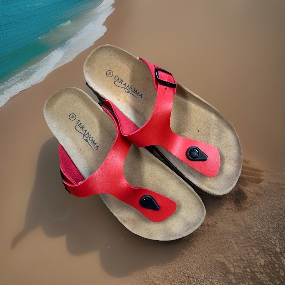 Seranoma T-Strap Sandals Womens‎ 9 Red Buckle Cork Footbed Casual Summer Boho